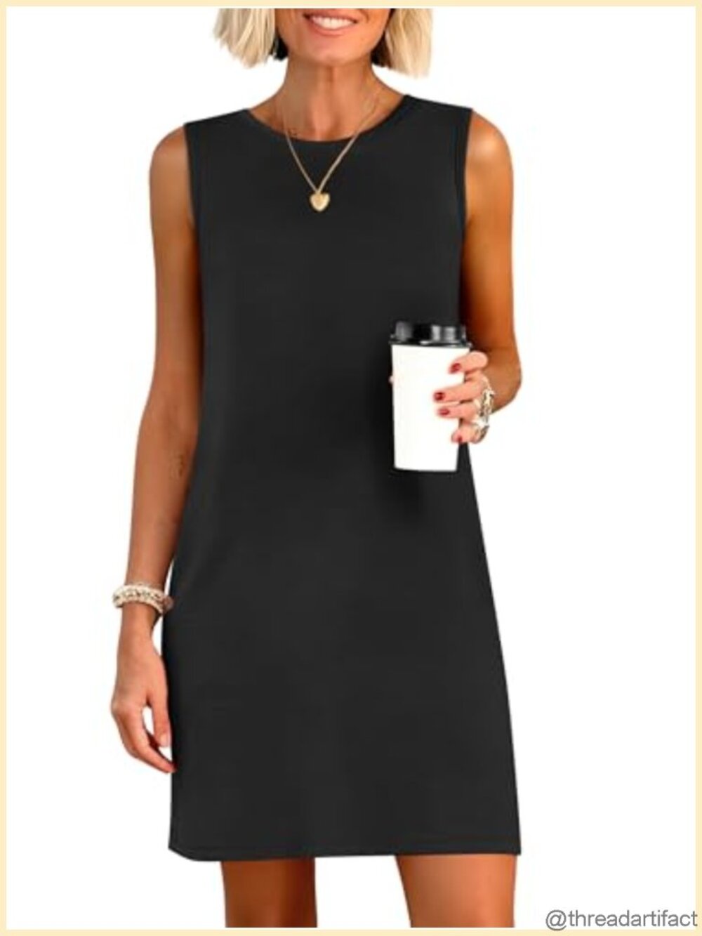 Wrinkle Free Sleeveless Mini Dress Crewneck Side Slit Casual Summer